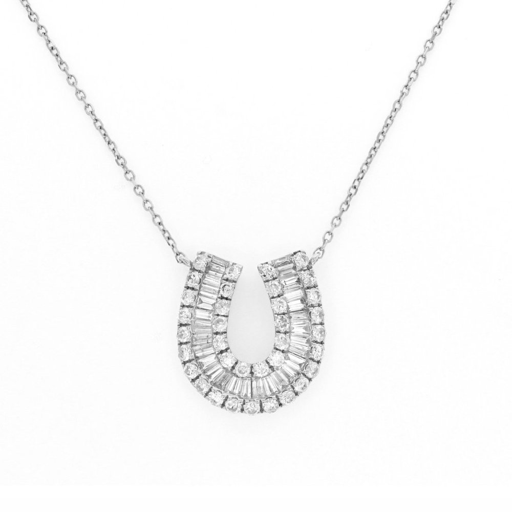 0.85 CT Diamond 14K White Gold Horseshoe Pendant Necklace Size 17"